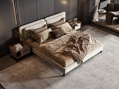 Modern Double Bed With Beige Headboard Brown Blanket Pillows And Nightstands 3d model