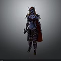 Blue Skinned Fantasy Character With Purple Gold Armor Red Cape Horns Standing Pose