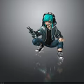 3D Character With Teal Hair Headphones Hoodie And Cargo Pants Squatting Pose Peace Sign
