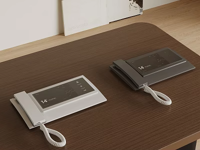 Two Light And Dark Gray Landline Telephones On Wooden Table With White Curly Cords 3d model