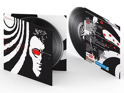 Vinyl Record Album Cover with Black White Stripes Portrait Red Accents and Tracklist Details 3d model