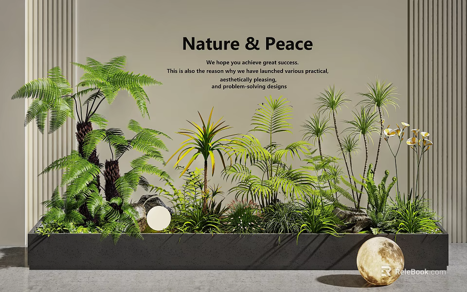 Indoor Landscape With Lush Green Plants Ferns Palms And Nature Peace Wall Text Moon Decoration 3d model 