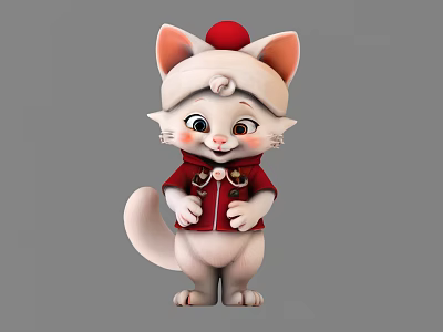 Cute White Cartoon Reptile Wearing Red Hat And Red Coat Outfit 3d model
