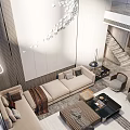Modern Elegant Duplex Living Room Interior With High Ceiling Staircase And Large Windows 3d model
