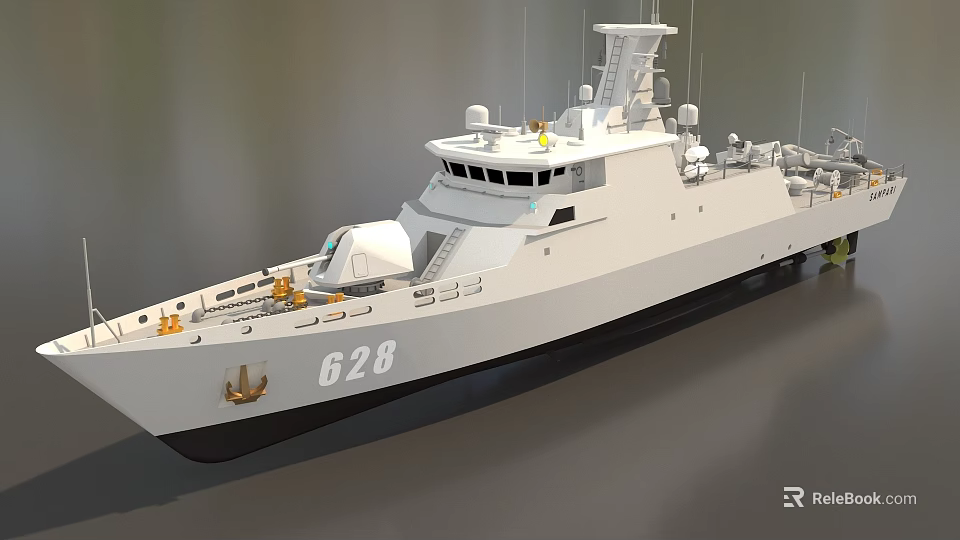 White Warship Number 628 With Superstructure Antennas And Deck Equipment On Hull 3d model 
