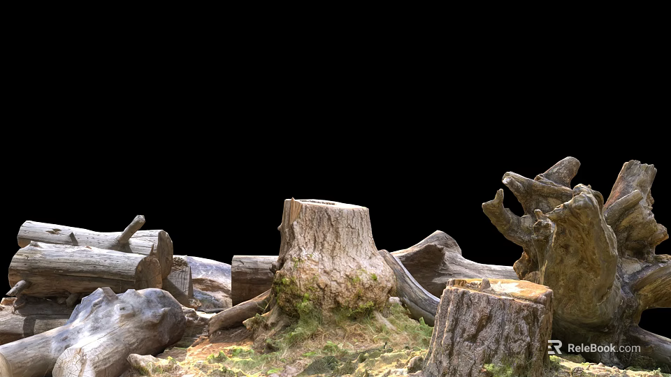 Natural Stone and Wood Elements with Tree Stumps Logs in Forest Floor 3d model
