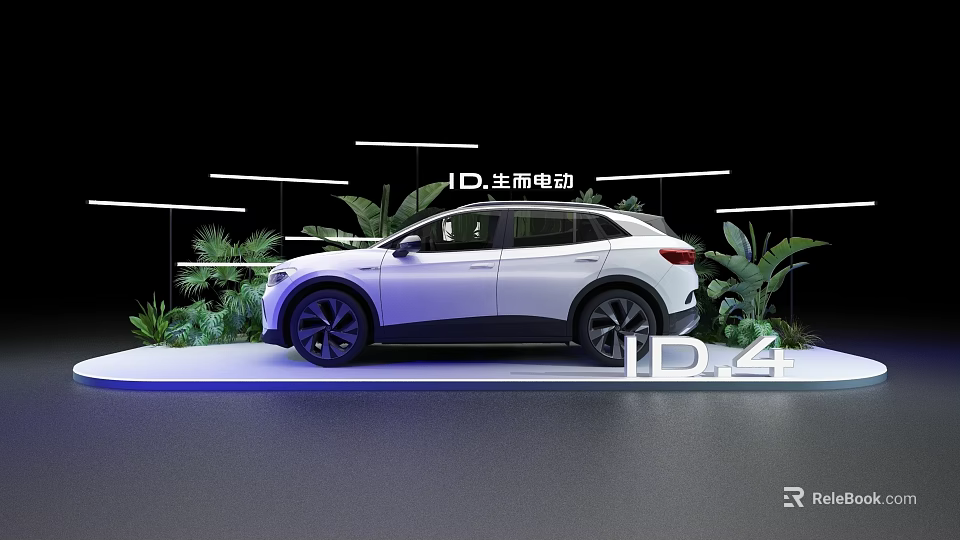ID.4 Electric SUV on Display Platform with Green Plants and Lighting 3d model
