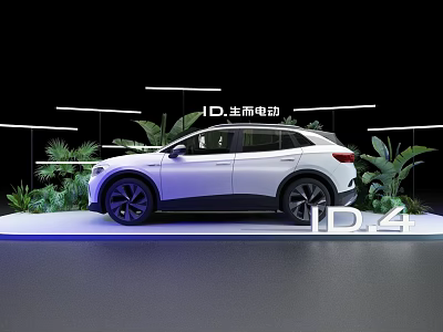 ID.4 Electric SUV on Display Platform with Green Plants and Lighting 3d model
