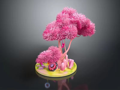 Pink Fluffy Artificial Tree Shaped Decorative Plant With Small Ornaments On Yellow Base 3d model