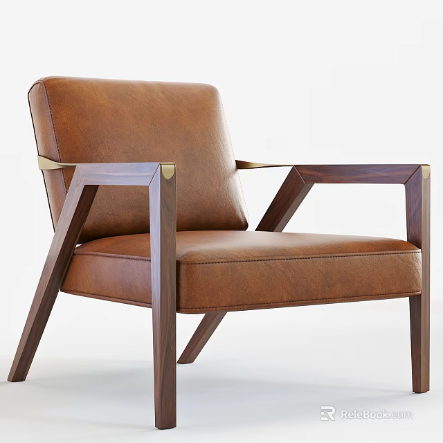 Stylish Accent Chair With Brown Leather Upholstery And Wooden Armrests Design 3d model 
