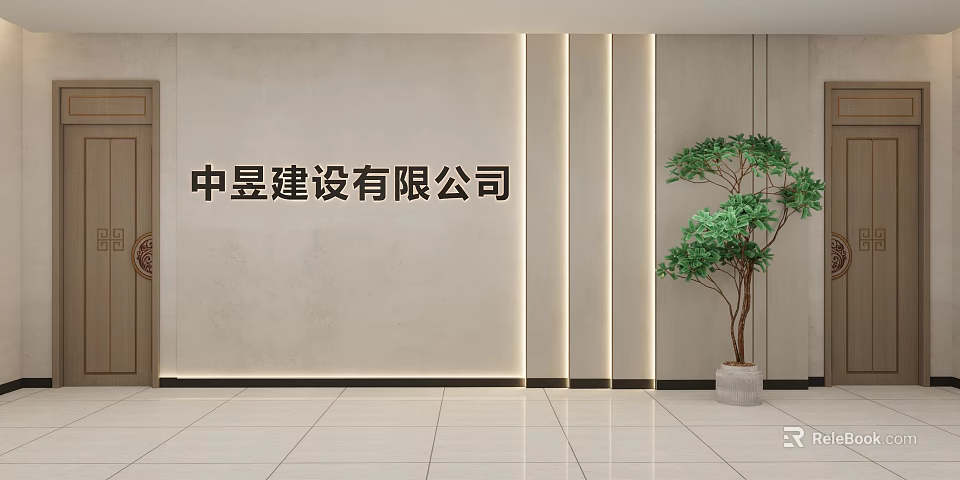 Zhongyu Construction Company Office Interior With Green Plant Light Wall And White Floor Tiles 3d model 