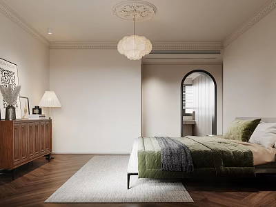 Serene Bedroom Interior Design With Green Bedspread Wooden Cabinet Chandelier Herringbone Floor And Arched Doorway 3d model