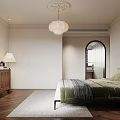 Serene Bedroom Interior Design With Green Bedspread Wooden Cabinet Chandelier Herringbone Floor And Arched Doorway