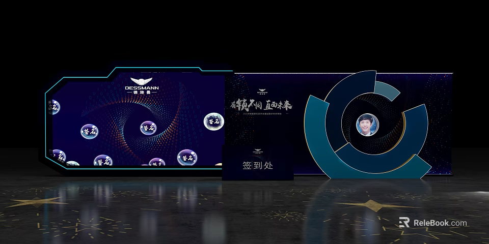 Dark Blue Event Backdrop With Geometric Patterns Check In Area Text And Portrait Elements 3d model