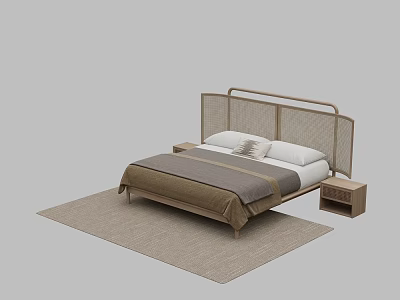 Modern Minimalist Double Bed With Wooden Rattan Headboard And Bedside Tables 3d model