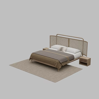Modern Minimalist Double Bed With Wooden Rattan Headboard And Bedside Tables 3d model