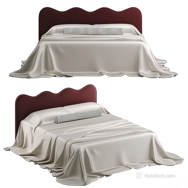 Elegant Modern Double Bed With Burgundy Headboard Light Colored Bedspread And Striped Pillow 3d model 