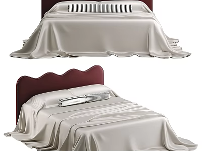 Elegant Modern Double Bed With Burgundy Headboard Light Colored Bedspread And Striped Pillow 3d model