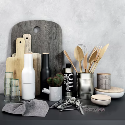 Essential Kitchen Utensils with Wooden Tools Cutting Boards Olive Oil Canister and Ceramic Containers 3d model