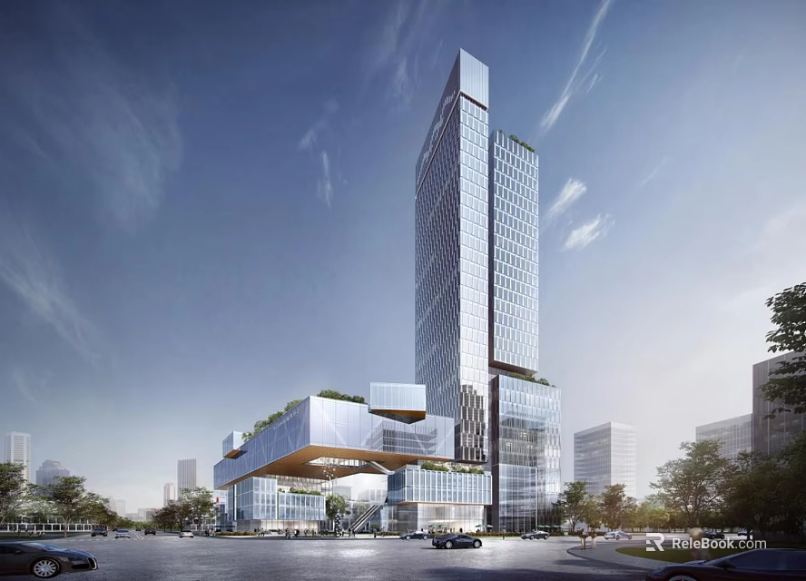 Modern High Rise Office Building With Glass Curtain Wall Green Roof And Spacious Plaza 3d model 