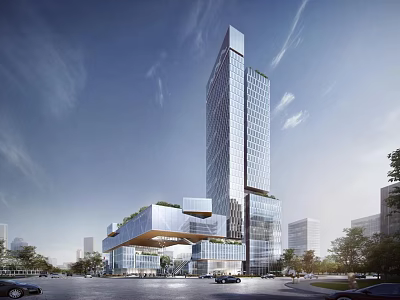 Modern High Rise Office Building With Glass Curtain Wall Green Roof And Spacious Plaza 3d model