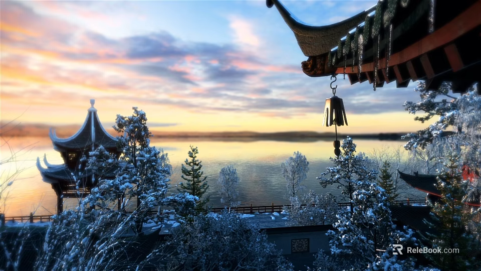 Snow Covered Pagoda And Trees By Lake Under Sunset Sky With Hanging Bell 3d model 