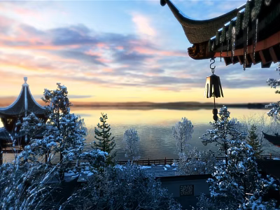 Snow Covered Pagoda And Trees By Lake Under Sunset Sky With Hanging Bell 3d model