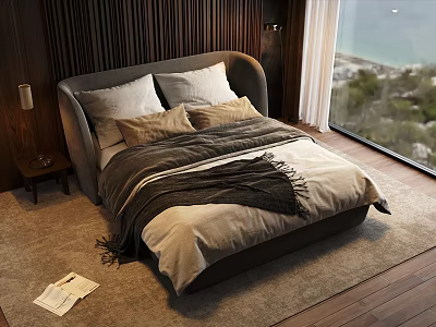 Modern Double Bed With Curved Headboard Pillows Throw Blanket Nightstand And Sea View Window 3d model