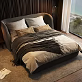 Modern Double Bed With Curved Headboard Pillows Throw Blanket Nightstand And Sea View Window