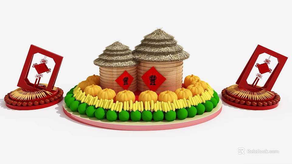 Traditional Chinese Harvest Decoration With Straw Containers Red Characters And Pumpkins 3d model 