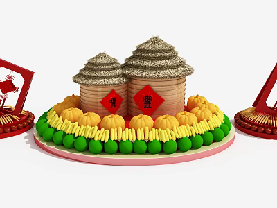 Traditional Chinese Harvest Decoration With Straw Containers Red Characters And Pumpkins 3d model