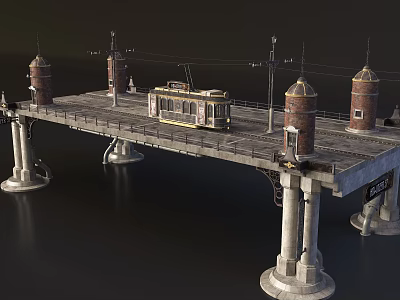 Vintage Tram Moving On Historic Bridge With Railway Track Brick Towers And Electric Poles 3d model