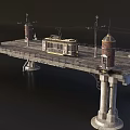 Vintage Tram Moving On Historic Bridge With Railway Track Brick Towers And Electric Poles