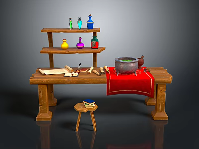 Wooden Work Desk With Three Tiered Shelf Colorful Bottles Scroll Quill Red Cloth And Stool 3d model