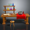 Wooden Work Desk With Three Tiered Shelf Colorful Bottles Scroll Quill Red Cloth And Stool
