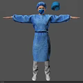 Man in Blue Protective Gown Cap and Mask with Arms Outstretched on Gray Background