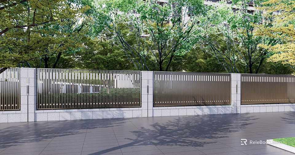 Modern Building Facade With Metal Railings Green Plants And Stone Pavement 3d model 