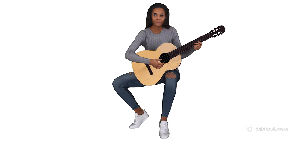 Woman Holding Acoustic Guitar Wearing Gray Long Sleeve Top Blue Ripped Jeans and White Sneakers 3d model 