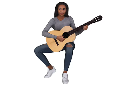 Woman Holding Acoustic Guitar Wearing Gray Long Sleeve Top Blue Ripped Jeans and White Sneakers 3d model