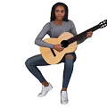 Woman Holding Acoustic Guitar Wearing Gray Long Sleeve Top Blue Ripped Jeans and White Sneakers