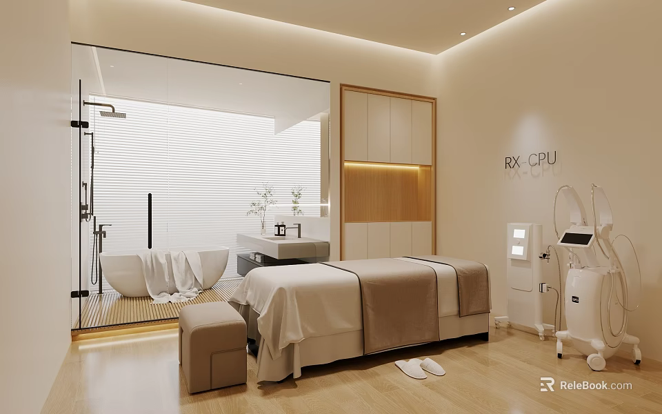 SPA Sauna Treatment Room Featuring Massage Bed Bathtub Wooden Cabinets Equipment And Soft Lighting 3d model 