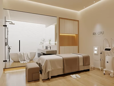 SPA Sauna Treatment Room Featuring Massage Bed Bathtub Wooden Cabinets Equipment And Soft Lighting 3d model