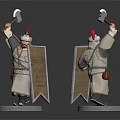 Ancient Warrior Figure In Traditional Clothing With Red Feather Hat Sword Shield Two Angles
