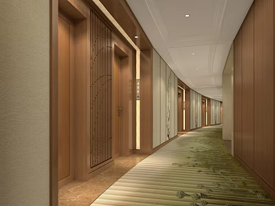 Elegant Hotel Corridor Interior With Wooden Decorative Doors Patterned Carpet And Ceiling Lights 3d model
