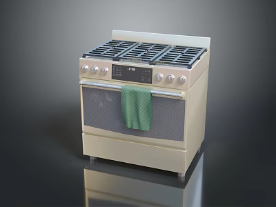 Beige Gas Range Oven With Multiple Burners Control Knobs And Green Towel 3d model