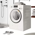 Bathroom Sink With Round Mirror Wooden Shelf Towels And Toiletries Setup In Bathroom