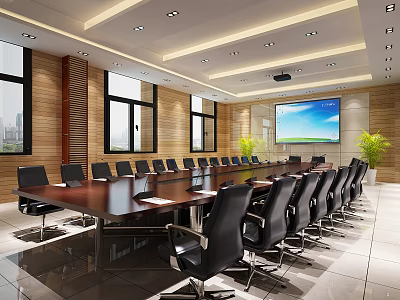 Modern Conference Room With Long Table Black Chairs Large Screen And Wooden Walls 3d model