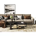 Modern Beige Sofa Coffee Table Set With Multiple Pillows Throw Blanket And Wall Art 3d model