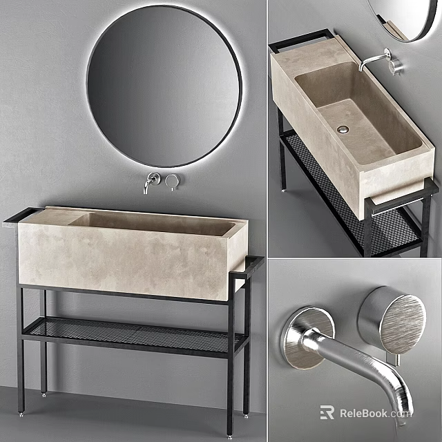 Modern Minimalist Concrete Washbasin Design With Black Metal Stand Round Mirror And Faucet 3d model 