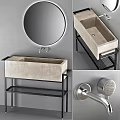 Modern Minimalist Concrete Washbasin Design With Black Metal Stand Round Mirror And Faucet